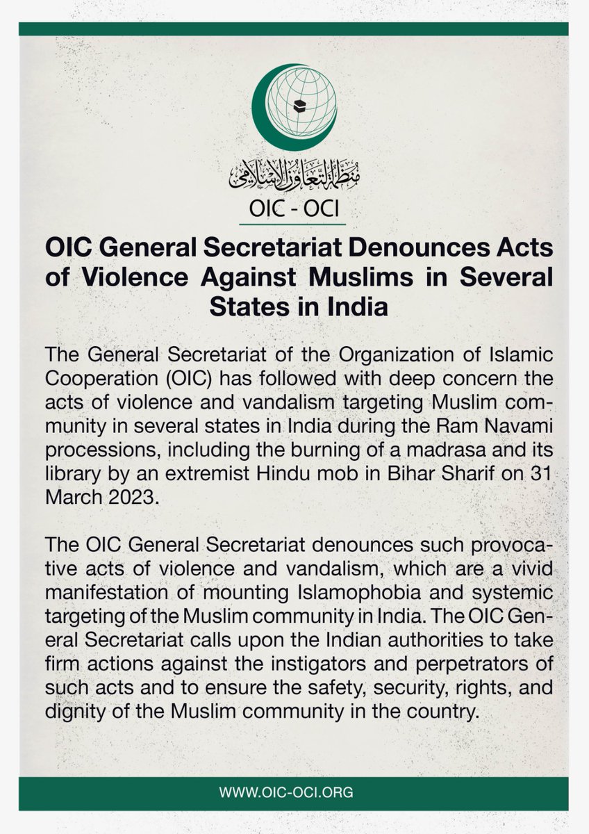 We welcome this statement by the OIC. The international community must act against Islamophobia & persecution of Muslims.