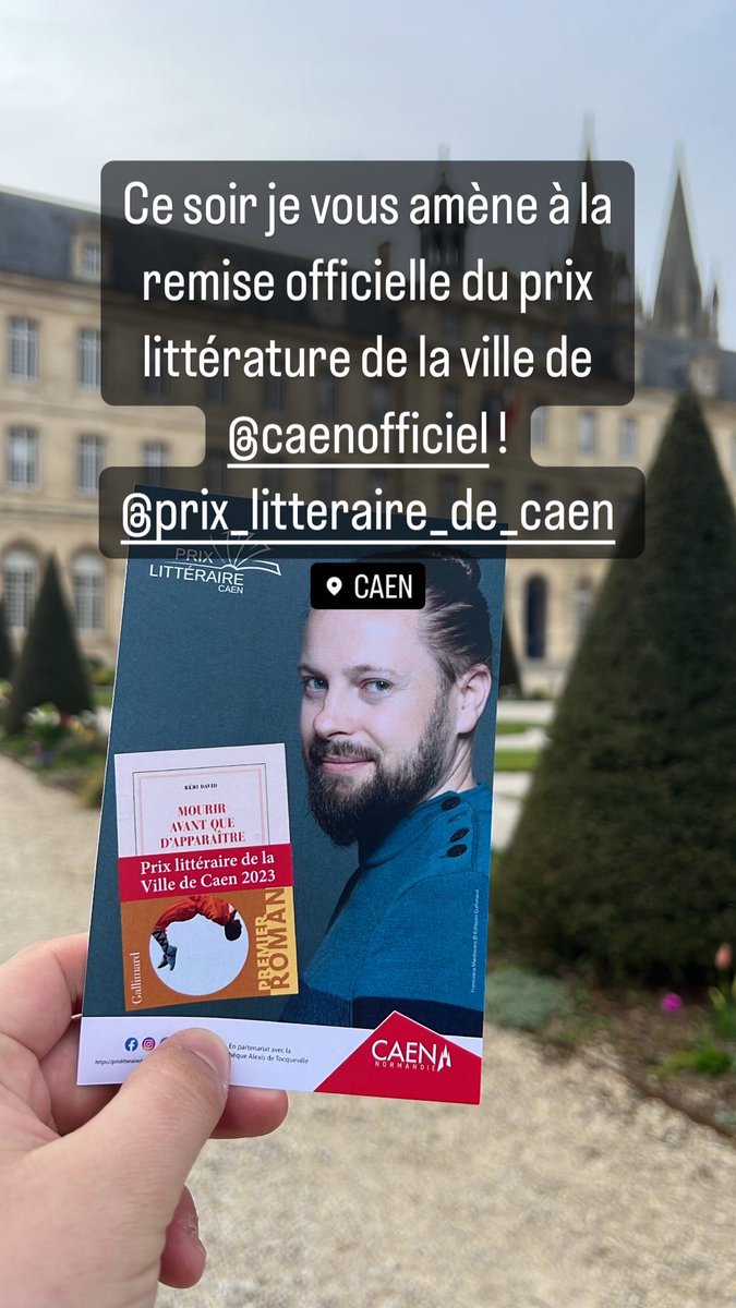 Ce soir c’est la remise officielle du @PLitteraireCaen à la Mairie de <a href="/CaenOfficiel/">Ville de Caen</a> en présence de Rémi David pour son roman « Mourir avant que d’apparaître » paru chez <a href="/Gallimard/">Gallimard</a>. #Caen