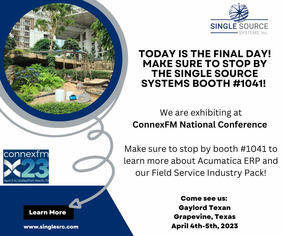singlesrc's tweet photo. Make sure to stop by and meet the Single Source team before the closing of the #ConnexFM show! We are exhibiting until 3:30 pm CDT.
#Acumatica
#SingleSourceSystems
#FieldServiceIndustryPack https://t.co/nDkT565p3z