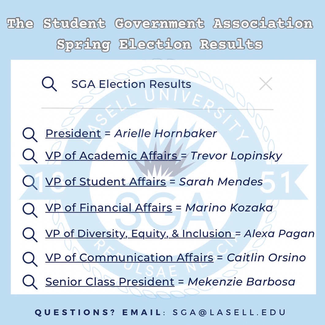 The results are in! Congratulations to the new E-board for the 2023-2024 academic year and next year’s senior class president! #SGA #laselluniversity #springelections #studentgovernmentelections