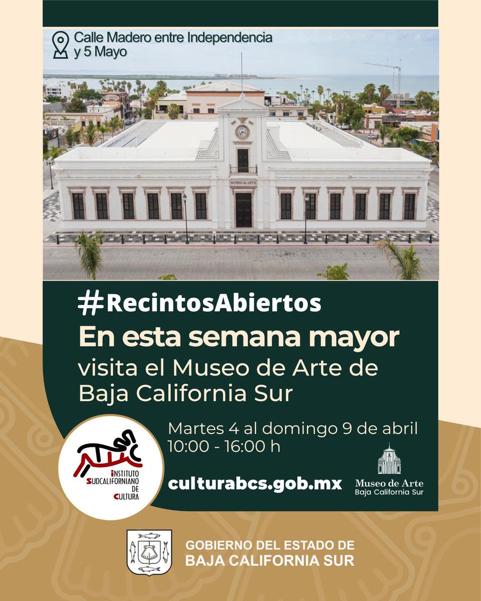 GobBCS's tweet photo. #QuéHacer 🖼️ | ¡En esta semana mayor visita el Museo de Arte de Baja California Sur!
Recorre las exposiciones del #MUABCS en su horario por Semana Santa del 4 al 9 de abril, de 10:00 a.m. a 4:00 p.m.
La entrada es gratuita y la experiencia es inolvidable.
#BienestarYDesarrollo https://t.co/gqJBlmP8KU