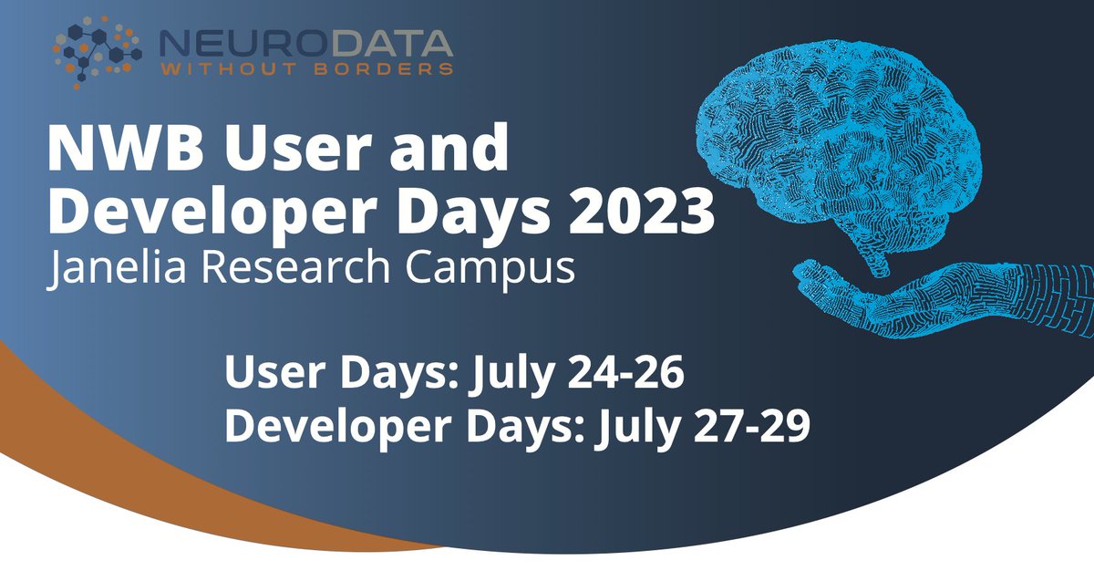 NeurodataWithoutBorders (@neurodatawb) on Twitter photo 📢 Registration deadline extended for NWB User & Developer Days until April 14! 🎉
Learn to read & write NWB files and integrate your software with NWB's core & community devs. Don't miss out! #NWB
Event website 🔗: neurodatawithoutborders.github.io/nwb_hackathons…
Register 🔗: forms.gle/ZqgUKDCfcX9XT8… 📢 Registration deadline extended for NWB User & Developer Days until April 14! 🎉
Learn to read & write NWB files and integrate your software with NWB's core & community devs. Don't miss out! #NWB
Event website 🔗: neurodatawithoutborders.github.io/nwb_hackathons…
Register 🔗: forms.gle/ZqgUKDCfcX9XT8…