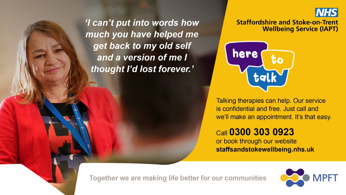 How are you feeling today? Our talking therapies can get you back on track. They are confidential and free too. Don't suffer, make that call and we'll make an appointment <a href="/ClinLeadWBM/">Sarah Watts</a> <a href="/saracburton/">SARAC Burton</a> <a href="/TamworthReads/">Tamworth Book Club</a> <a href="/StaffsWomensAid/">Staffordshire Women's Aid</a> <a href="/WombourneParish/">Wombourne Parish Council</a> <a href="/BurtonAlbionSFC/">Burton Albion Supporters FC</a> <a href="/burntwood/">Burntwood</a>