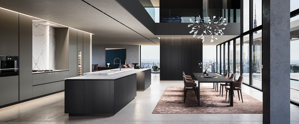 Luxury MandiCasa kitchen in Metro Grigio lacquer & Nero flamed oak in a sophisticated open concept penthouse space. ⁠

#Mandicasa #MadeinItaly #LuxuryKitchens #LuxuryKitchenDesign #LuxuryKitchenStyle #LuxuryKitchenStorage #OpenConcept #OpenLayout #ModernKitchens #NewKitchen