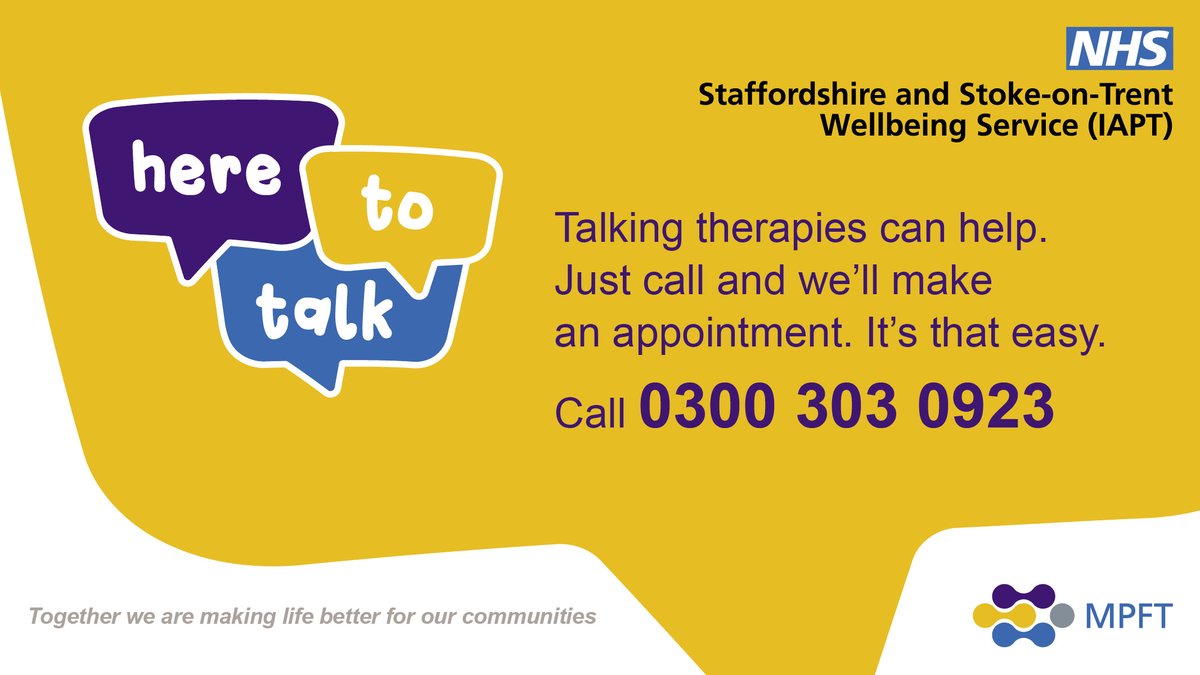 When everyone else seems happy but you feel wrung out and sad. Talking therapy can help. Its confidential and free. Just Call. <a href="/ClinLeadWBM/">Sarah Watts</a> <a href="/BurtonMind/">Burton and District Mind</a> <a href="/Rights4Stafford/">Community Organisers (Stafford)</a> <a href="/WombourneParish/">Wombourne Parish Council</a> <a href="/TamworthReads/">Tamworth Book Club</a> <a href="/Burntwood/">Burntwood</a> <a href="/healthwatchsot/">Healthwatch Stoke</a> <a href="/TamworthReads/">Tamworth Book Club</a> <a href="/StaffsWomensAid/">Staffordshire Women's Aid</a>