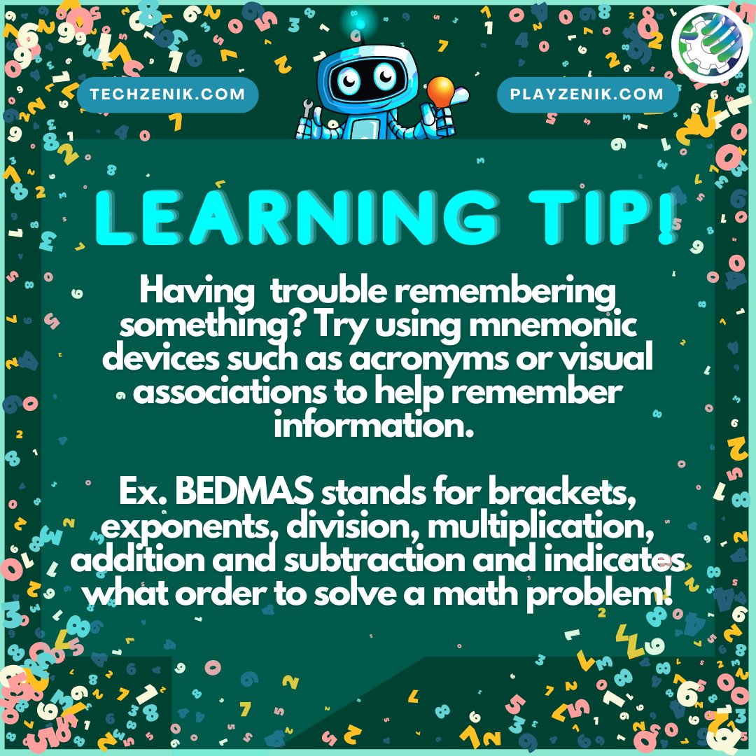What are some ways you memorize complex or difficult information? Let us know down below! 

#studytips #techzenik #playzenik #learningtip #learningisfun #education #studytwtbr #studyplus #LearningAndDevelopment #learningtips #studytwt #studytips #STEMeducation #ontariocurriculum