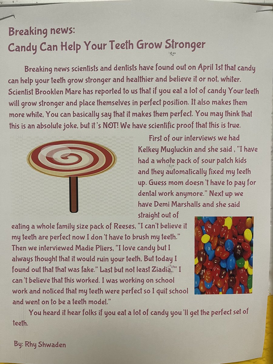 in the spirit of April Fool’s Day, we put our narrative writing strategies, accompanied by meaningful text features, to use! the Ss were so creative with their newspaper articles + it was so fun to share them aloud! #ReutterRocks