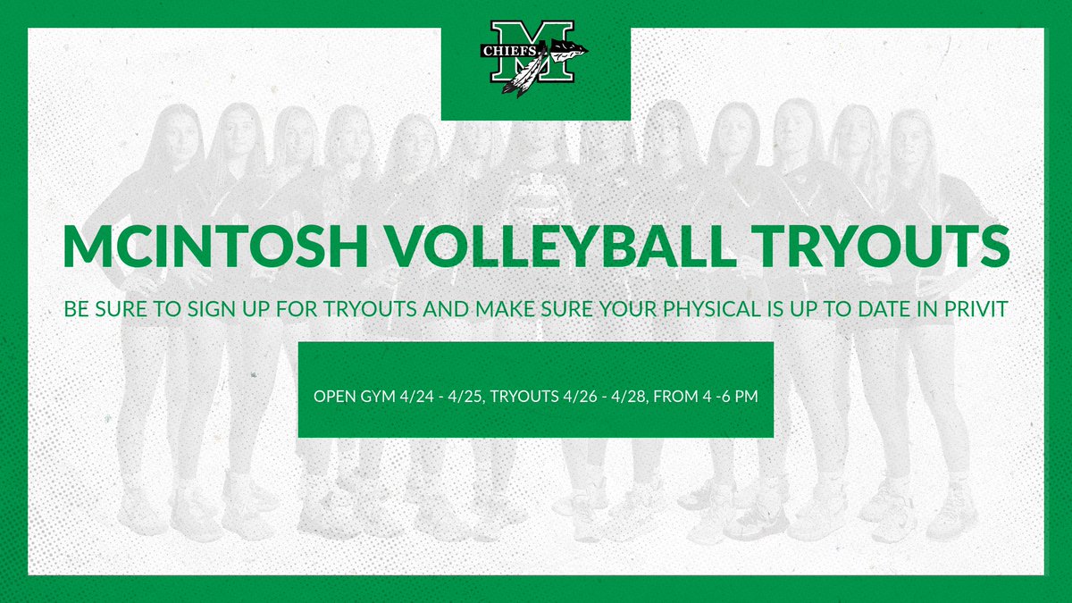 McIntoshVolley's tweet photo. If you are trying out for McIntosh Volleyball, please make sure to fill out the tryout signup form (link in profile).  Also make sure that your physical is up to date in Privit.  Email Coach Sanders with any ?'s  sanders.lauren@fcboe.org https://t.co/wSOtokYqjh
