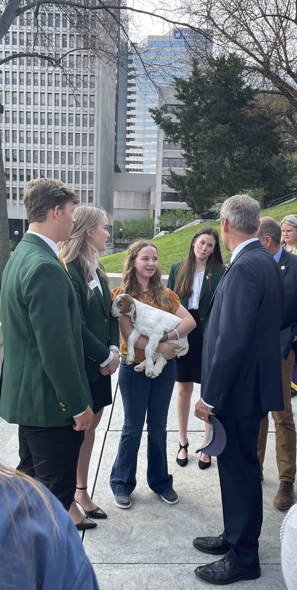 Central Magnet 7th Grader, Grace Spooner, advocates for agriculture at the 2023 Ag on the Hill event.  She spoke with Governor Lee and the Commissioner of Agriculture, Dr. Charlie Hatcher.  (I don't know the name of the goat)