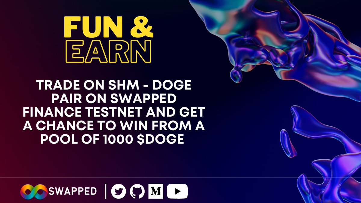 SwappedFinance's tweet image. Get ready to have some #FUNnEARN at @SwappedFinance! Trade on our $DOGE - $SHM pair on @shardeum Liberty 2.1 and win from a 1000 $DOGE pool! 🤑

Participate in our @zealy_io Quests to win big! 🎉
zealy.io/c/swappedfinan…

📍 Start: April 6th, 12 AM GMT 
📍 End: April 13th, 12 AM…