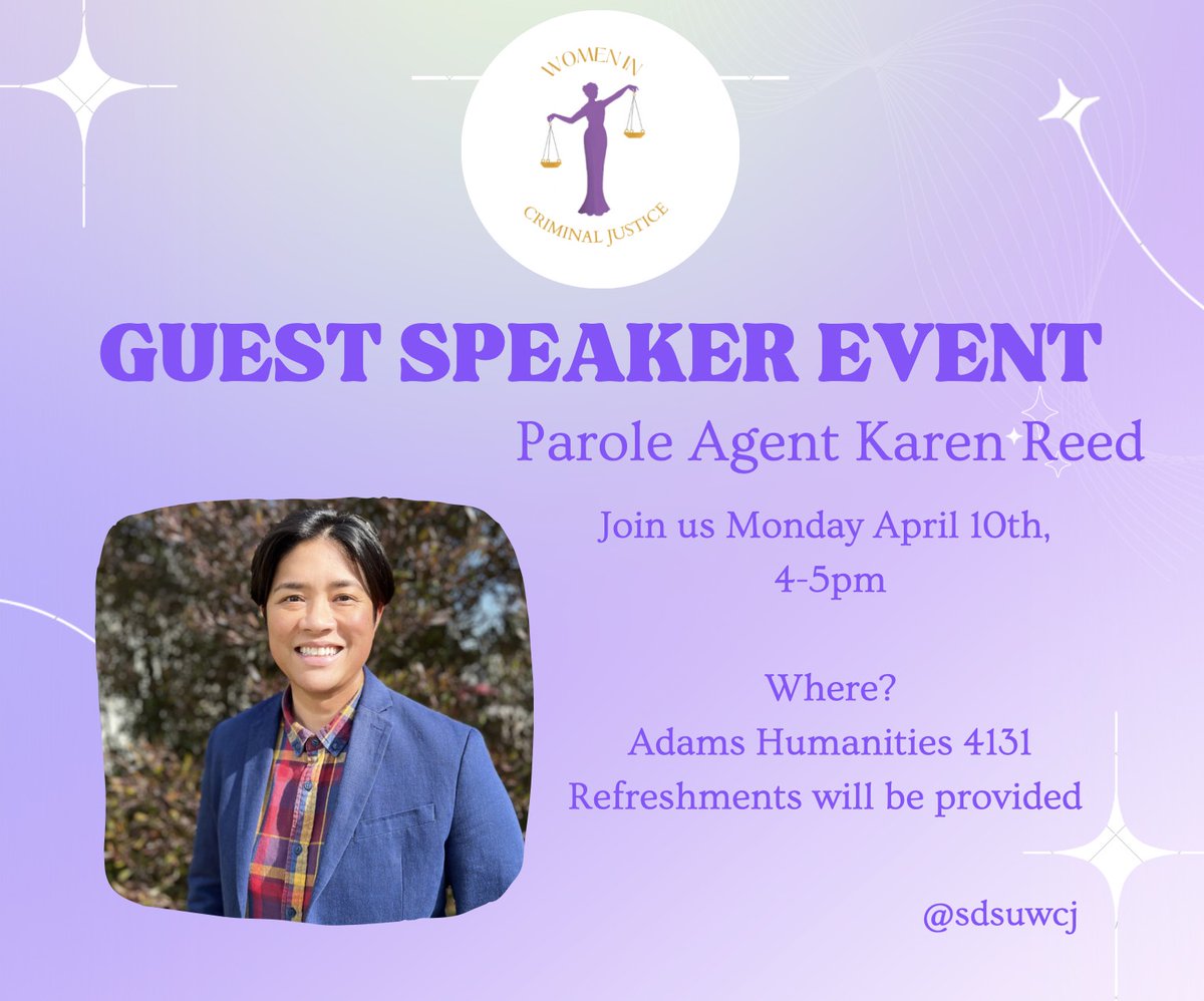 sdpublicaffairs's tweet photo. Attend the upcoming guest speaker event featuring Parole Agent Karen Reed! Led by Women in Criminal Justice, this event will showcase Agent Reed’s experience and research in the California Department of Corrections and Rehabilitation.
#pasdsu #sdsupa #sdsuedu #sdsuaztec #sdsu https://t.co/ERAKViLvWl