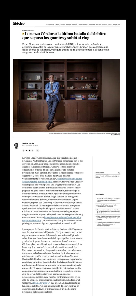lorenzocordovav's tweet image. Comparto la última entrevista que di como funcionario del @INEMexico a @amormundi_ para @el_pais el viernes pasado. Ahora a seguir defendiendo la democracia desde nuevas trincheras con el #BuenSaborDeBocaDelDeberCumplido