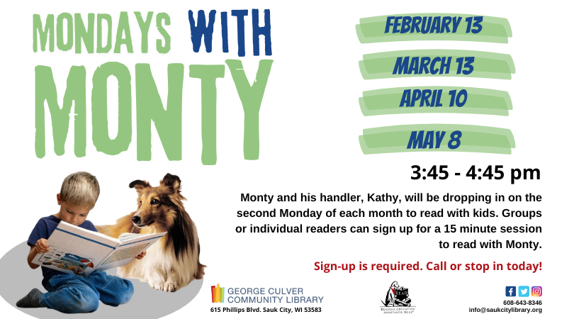 SaukCityLib's tweet photo. Monty is coming on Mon, Apr. 10, 3:45-4:45pm. Kids or families can sign up for a 15-minute session to read with Monty, a certified reading dog. It's great for reluctant readers and dog lovers! Call 608-643-8345 or visit the library to sign up. https://t.co/Af7J7hrG9Y