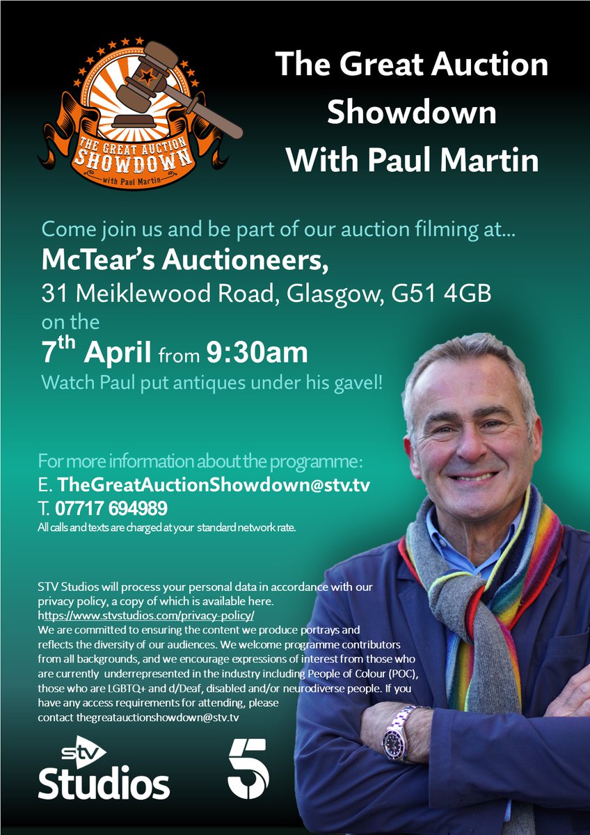 Come along to @McTears Auctioneers this Friday 7th April from 9:30am and see how Paul's items get on at auction! Simply turn up on the day. For more information you can get in touch with the team. E. TheGreatAuctionShowdown@stv.tv T. 07717 694989