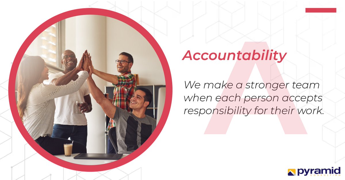 PyramidCiGlobal's tweet photo. Our #corevalues spell out the word #CHAIRS where “A” stands for #Accountability.
At Pyramid Consulting, we follow a culture where everyone accepts responsibility for their work to ensure the team's collective success.
#PyramidStrong #OnePyramid #CoreValues #PyramidCHAIRS https://t.co/ualAct7pUK