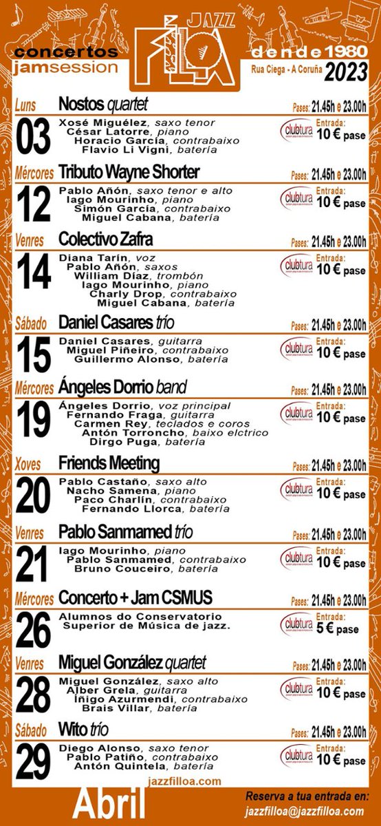 Conectacoruna's tweet image. Axenda de concertos e Jam sessions do mes de abril no #JazzFilloa