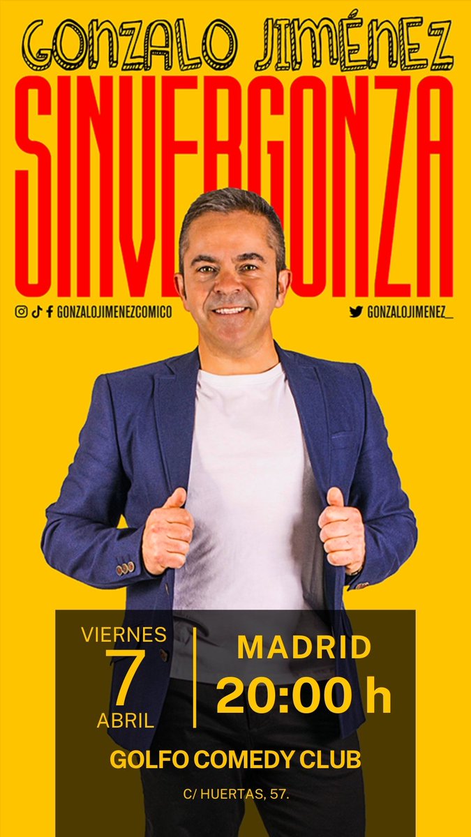 VIERNES 7, 20:00h en <a href="/elgolfocomedy/">El Golfo Comedy Club</a> #Madrid
Entradas ⬇️
atrapalo.com/entradas/gonza…
<a href="/TEATROMADRID/">MadridEsTeatro</a> <a href="/Madrid_Cultura/">Madrid Cultura</a> @TurismoMadrid <a href="/EUVMADRID/">Érase una vez Madrid</a> 
#humor #comedia #friday #viernes #finde #SemanaSanta #standup #monologo #impro #CopaDelRey #JuveInter #anaobregon #TierraDeNadie5 #brunardo