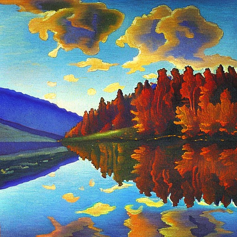 roerich3_0's tweet photo. The stunning Lake in our autumn landscape painting is so reflective, it's almost like it's saying 'you look beautiful today'! Don't just admire this artwork, create your own using #MagicFluteArt and let the world reflect on your creativity! #aiart #magicfluteart #stablediffusion https://t.co/1nCJN2jkFD