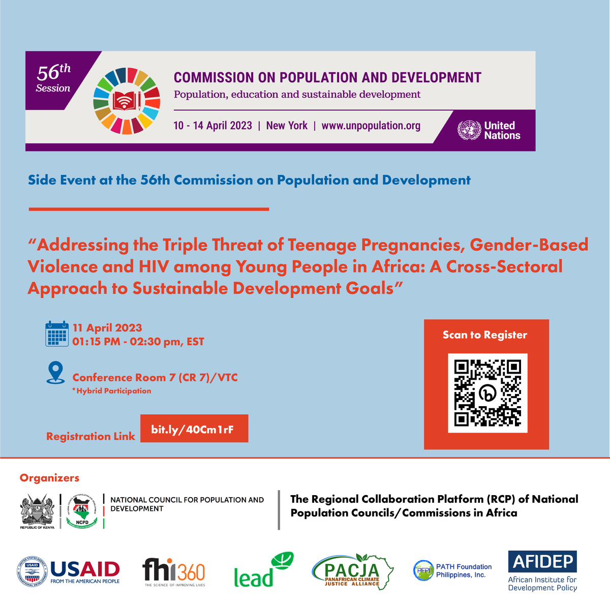 The #BUILDProject will be at #CPD56.

Join our side session discussing the triple threat of teenage pregnancies, gender-based violence, and HIV/AIDS among young people in Africa.

🗓️Tuesday, April 11 2023
🕤1:15 pm – 2:30 pm EST

Registration details: bit.ly/3GjEnWC