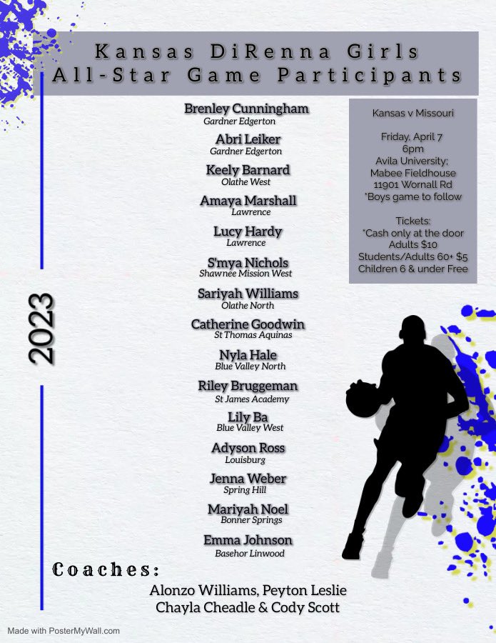 Go watch the <a href="/DiRennaAwards/">DiRennaAwards</a> All-Star Game🏀Friday. #kspreps girls face Missouri! <a href="/Cunning4Brenley/">Brenley Cunningham</a> <a href="/AbriannaLeiker/">Abrianna Leiker</a> <a href="/Kbarn2222/">Keely Barnard</a> <a href="/AmayaMarshall2/">Amaya Marshall</a> <a href="/hardy_la05/">Lucy Hardy</a> <a href="/SmyaKNichols/">Smya K Nichols</a> <a href="/SariyahWilliam3/">Sariyah Williams</a> <a href="/cgoodwin2023/">Catherine Goodwin</a> <a href="/rileybruggeman/">Riley Bruggeman</a> <a href="/nyla_hale15/">Nyla Hale</a> <a href="/lilybeth_ba/">lily</a> <a href="/adyson_ross/">adyson ross</a> <a href="/mariyah_noel/">Mariyah Noel</a> Emma Johnson