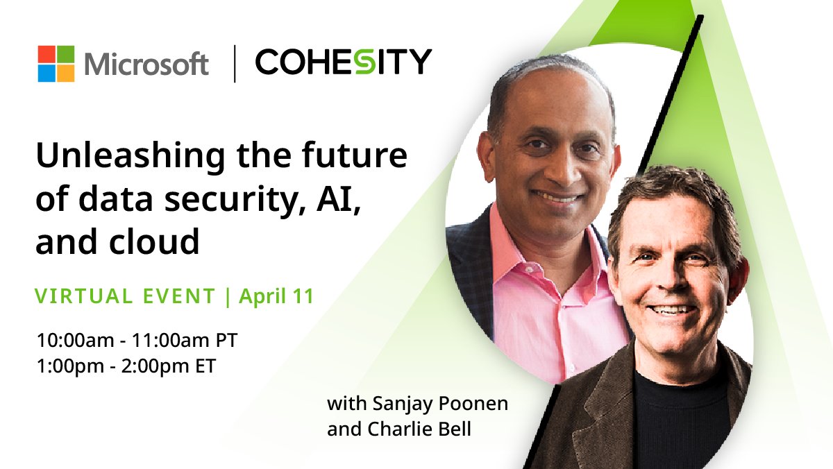 Cohesity's tweet photo. 📅 Join us April 11 for a special episode #CohesitySpotlight with @Microsoft
featuring: 
🤝 Major new partnership and product announcements 
🔓 How to unlock more from data with @Azure AI 
🗝️ Key strategies for optimizing and protecting your data in the cloud 
https://t.co/BMwQbak3Wt