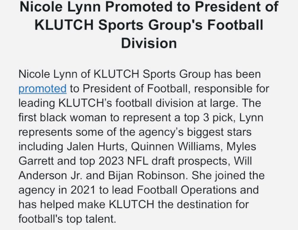Nicole Lynn has been promoted to President of the KLUTCH Sports Group Football Division, they announced today. 

Nicole reps some of the best players in the league: From #Eagles star QB Jalen Hurts to #Browns superstar pass rusher Myles Garrett, and top picks in this year's Draft