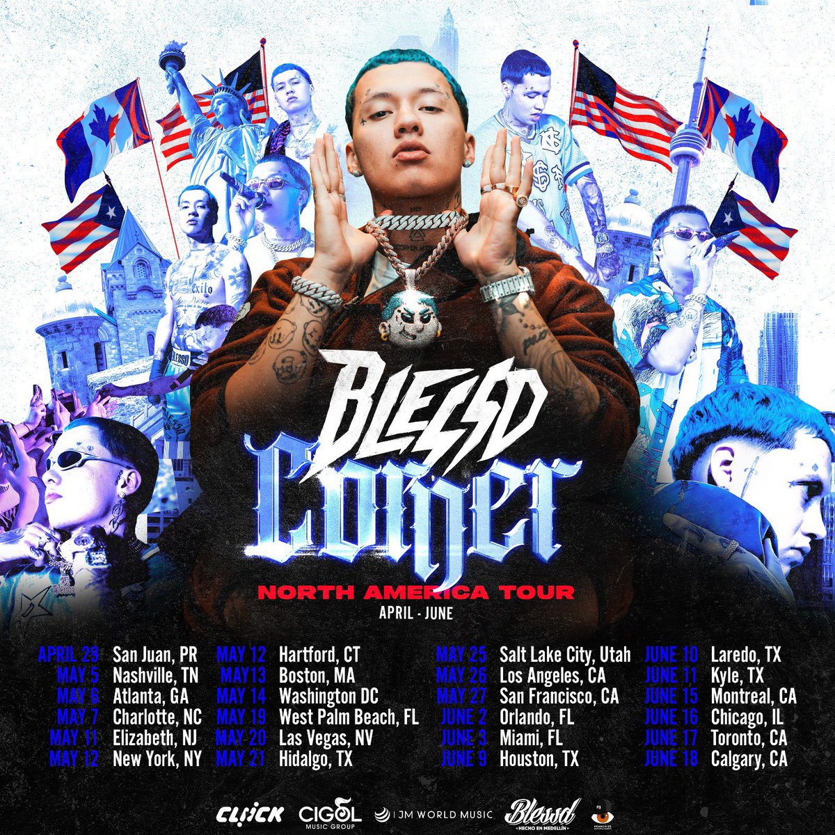 EL BENDITO EN LA USA 🔥🔥 DE MEDALLO PAL MUNDO! 
Estamos felices de anunciar la gira #blessdCorner en #NorthAmerica  🇺🇸🇨🇦🇵🇷 ¿ya saben a cuál fecha van a ir? ⚡️ 
Entradas aquí 🎟️👉🏻 cmnevents.com/on-tour/blessd/