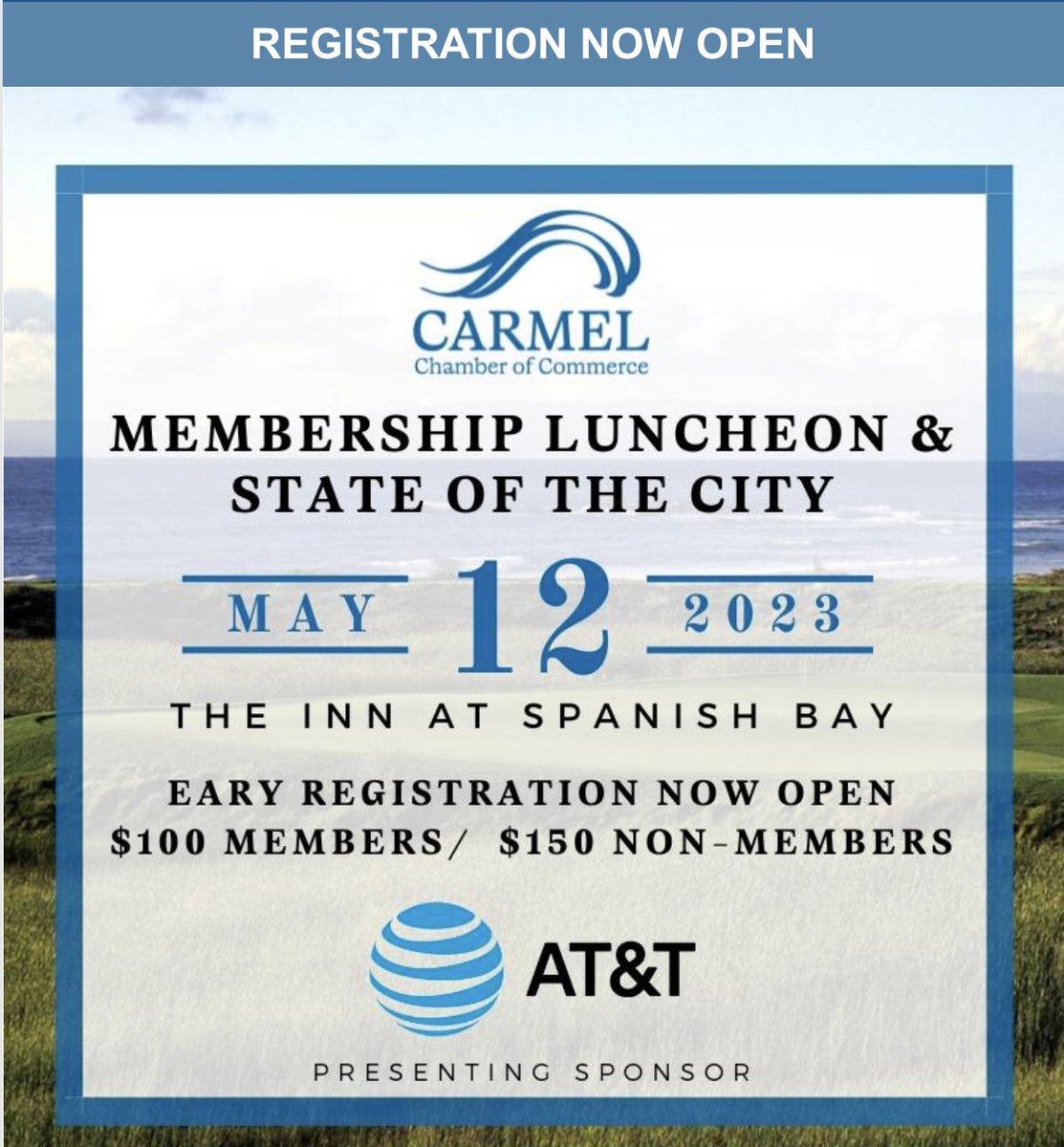 Join us at Spanish Bay for our annual Luncheon:  Speakers: Senator John Laird, Carmel City Mayor Dave Potter, Carmel City Administrator Chip Rerig 
carmelchamber.org/membership-lun…