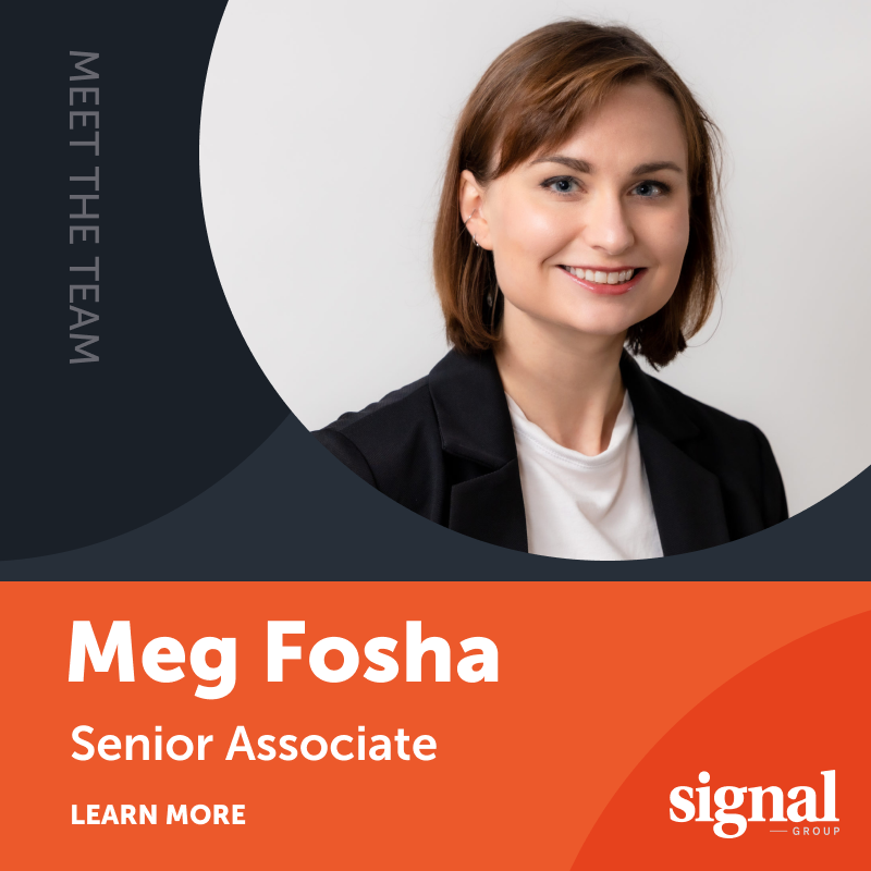 signalgroupdc's tweet photo. At Signal, Senior Associate Meg Fosha tells her clients’ stories in a way that speaks to audiences, inspires action, and drives their missions’ forward. Learn more in her #SignalSpotlight here: