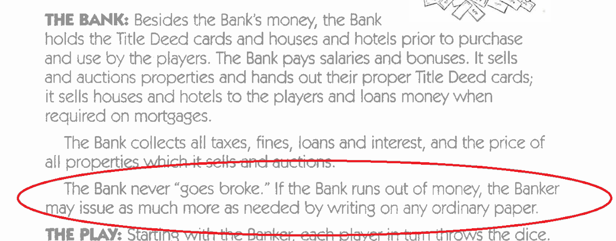 SpaceLlamaNFT's tweet photo. Ugh I hate it when doomsayers talk about a potential banking crisis.

Can't happen.

From official Monopoly rules: "The Bank never 'goes broke.' If the Bank runs out of money, the Banker may issue as much more as needed by writing on any ordinary paper." https://t.co/LnmhLIhuU3