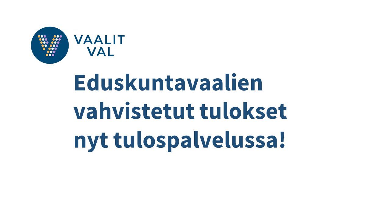 Eduskuntavaalien vahvistetut tulokset nyt tulospalvelussa: tulospalvelu.vaalit.fi/EKV-2023/fi/la… 

#eduskuntavaalit2023 

vaalit.fi/-//1410853/edu…