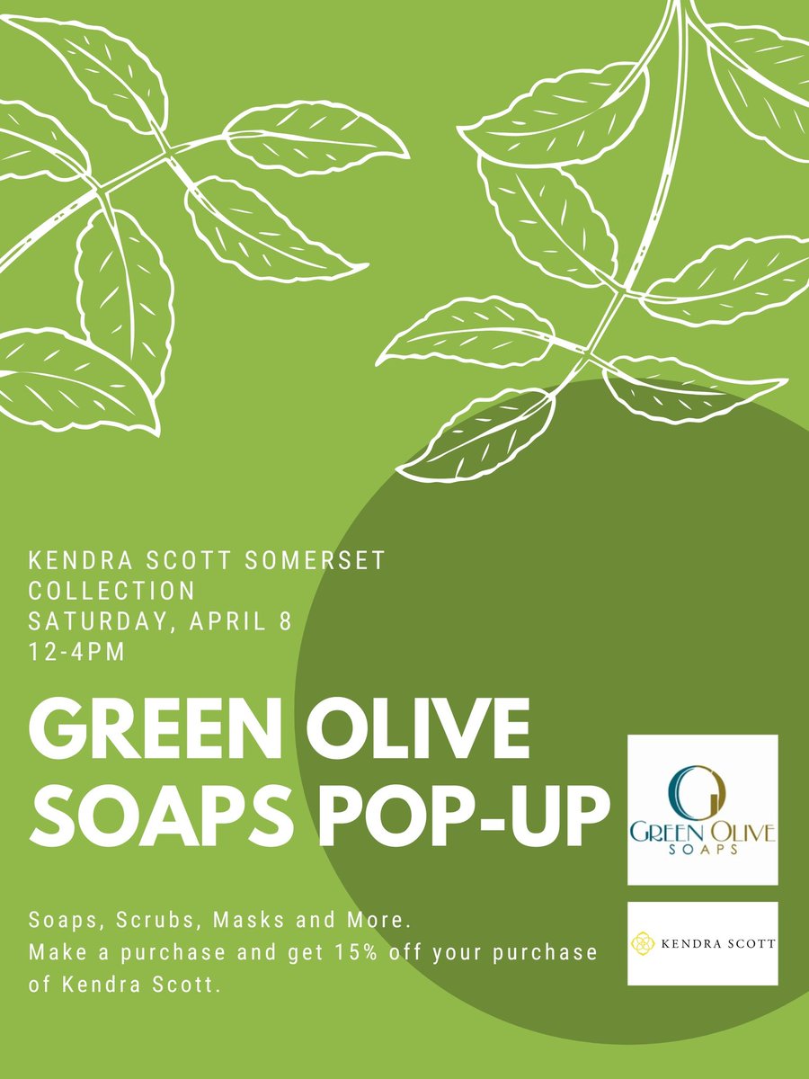 GreenOliveSoaps's tweet photo. It's a Green Olive Soaps 🌱 Pop-up at @kendrascott Somerset! 
https://t.co/FqO2mCEDPS
Make an online or In-Person purchase at Green Olive Soaps and enjoy 15% off your Kendra Scott order. 

#wednesdaythought #onlineshopping
#NaturalBeauty #newyork #BlackOwnedBusiness #Vegan #gifts https://t.co/zus2VXql8N