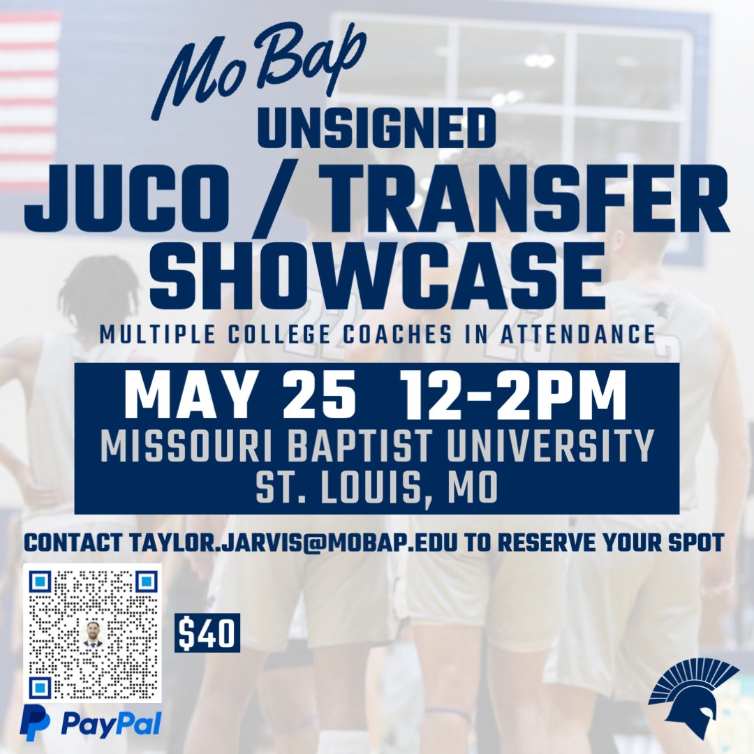 Missouri Baptist Men's Basketball (@mbubasketball) on Twitter photo MoBap Juco / Transfer Showcase
•
All Junior College or Transfer athletes looking for a home we are hosting a showcase with scholarship opportunities. Sign Up Quick as there are limited spots.
•
Contact: Taylor.jarvis@mobap.edu to sign up
Date: May 25 / Noon - 2PM MoBap Juco / Transfer Showcase
•
All Junior College or Transfer athletes looking for a home we are hosting a showcase with scholarship opportunities. Sign Up Quick as there are limited spots.
•
Contact: Taylor.jarvis@mobap.edu to sign up
Date: May 25 / Noon - 2PM