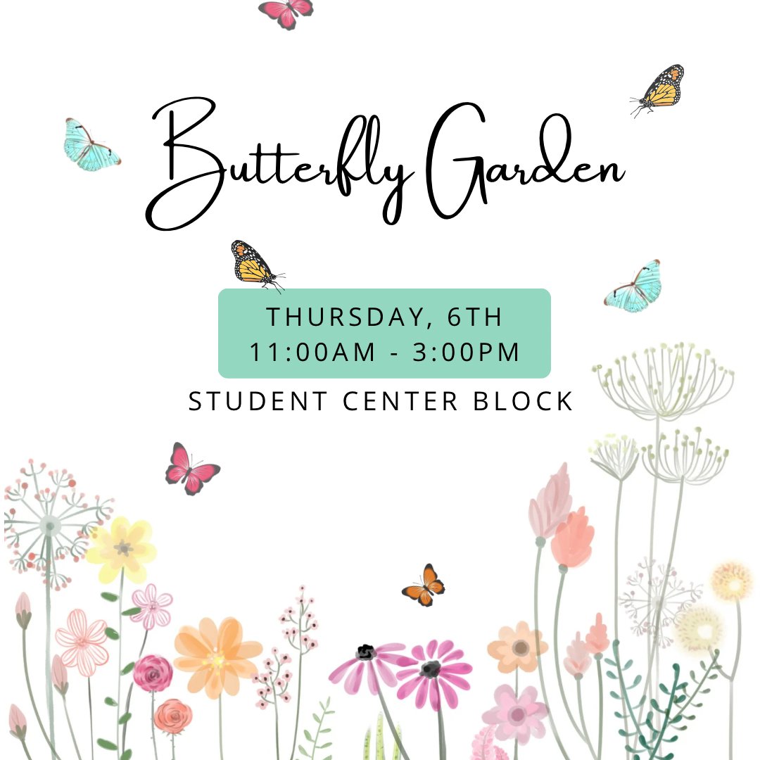 Thursday from 11am to 3pm in the Student Center block there will be a Butterfly Garden!! You’ll even be able to hold them :) What better way to end Mental Health Awareness week than to relax and decompress surround by butterflies 🦋 🦋 #whatthefun #uca #ucasab