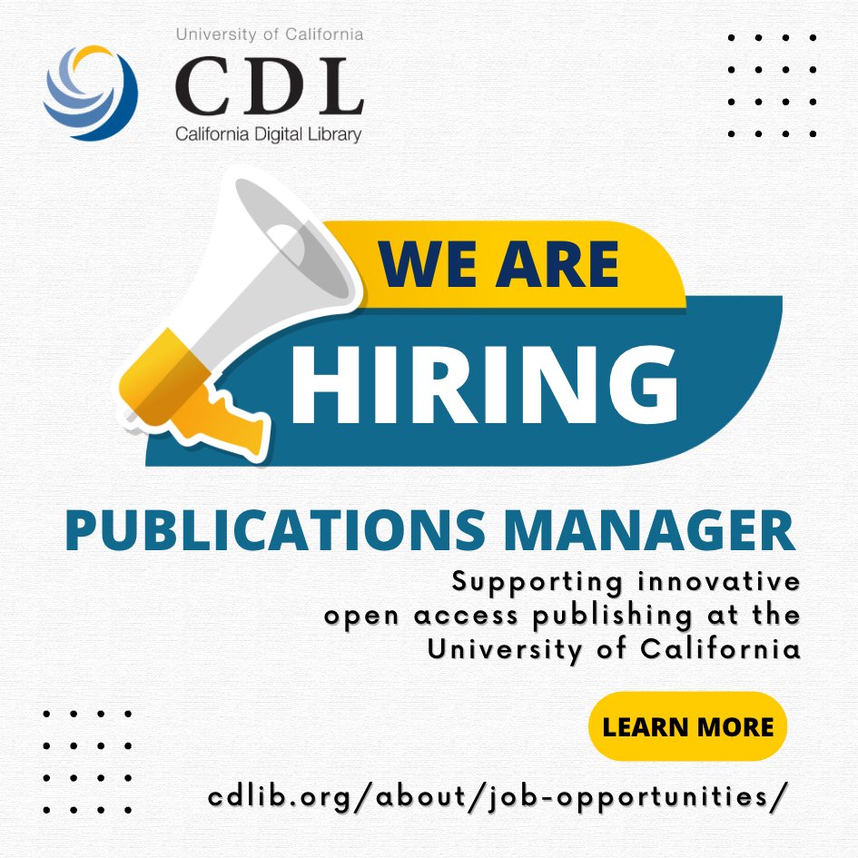 Library Publishing Job Alert! Join @CalDigLib’s @eScholarship team as a Publications Manager, supporting #openaccess publishing across the University of California system cdlib.org/about/job-oppo… #scholarlycommunications #scholcomm #libjobs #publishingjobs
