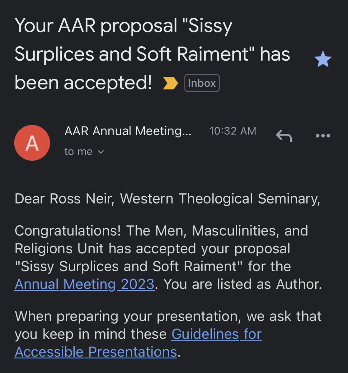 Lol one of my three proposals for SBLAAR got accepted (🥳🥳🥳) but I sure didn’t expect it to be this one