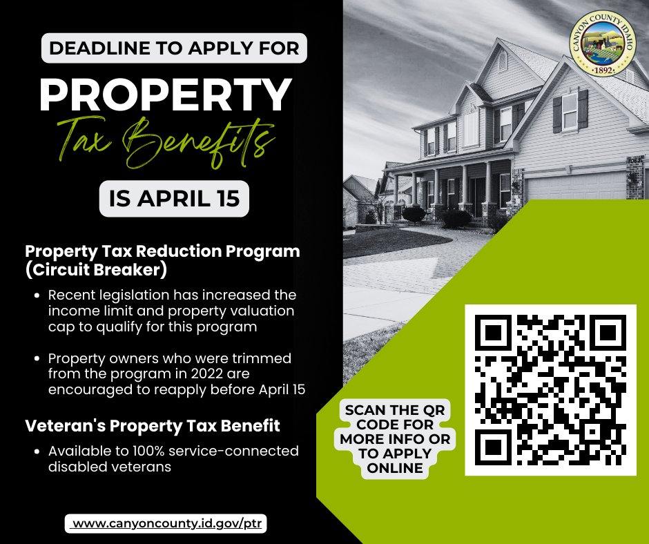 The deadline to apply for the Property Tax Reduction Program (Circuit Breaker) and the Veteran's Property Tax Benefit is April 15. canyoncounty.id.gov/deadline-to-ap…