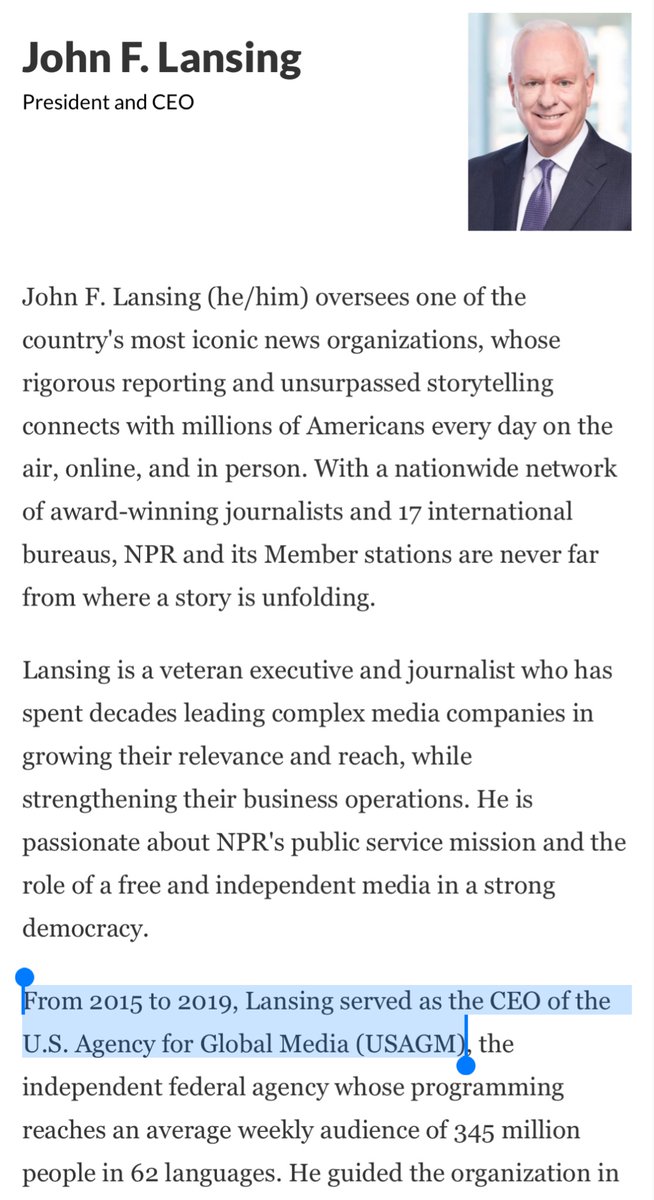 RodericDay's tweet photo. You literally cannot make (NPR's) John Lansing's bio up.

If you tried you'd be accused of being too lazy. It's maybe worse than (Economist's) David Rennie's. https://t.co/3sajcEuPvE