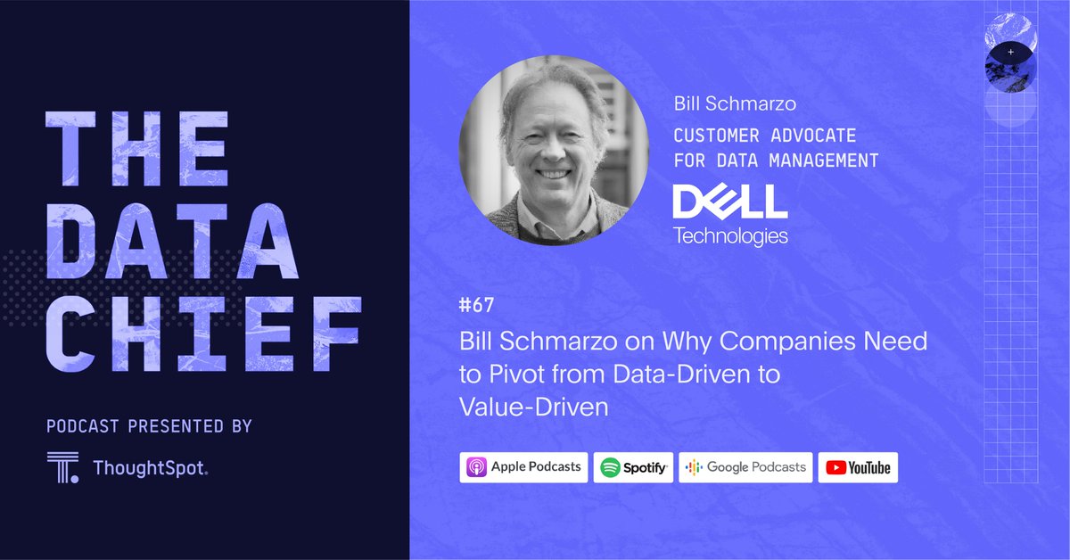 thoughtspot's tweet image. 🎧 Now streaming on #TheDataChief 💰 @BIScorecard and Bill Schmarzo discuss how data has no real value on its own—in fact, it can be quite costly. How do you find the real value in your data? Tune in to find out! bit.ly/3MjFLwb @DellTech  #DataLeaders