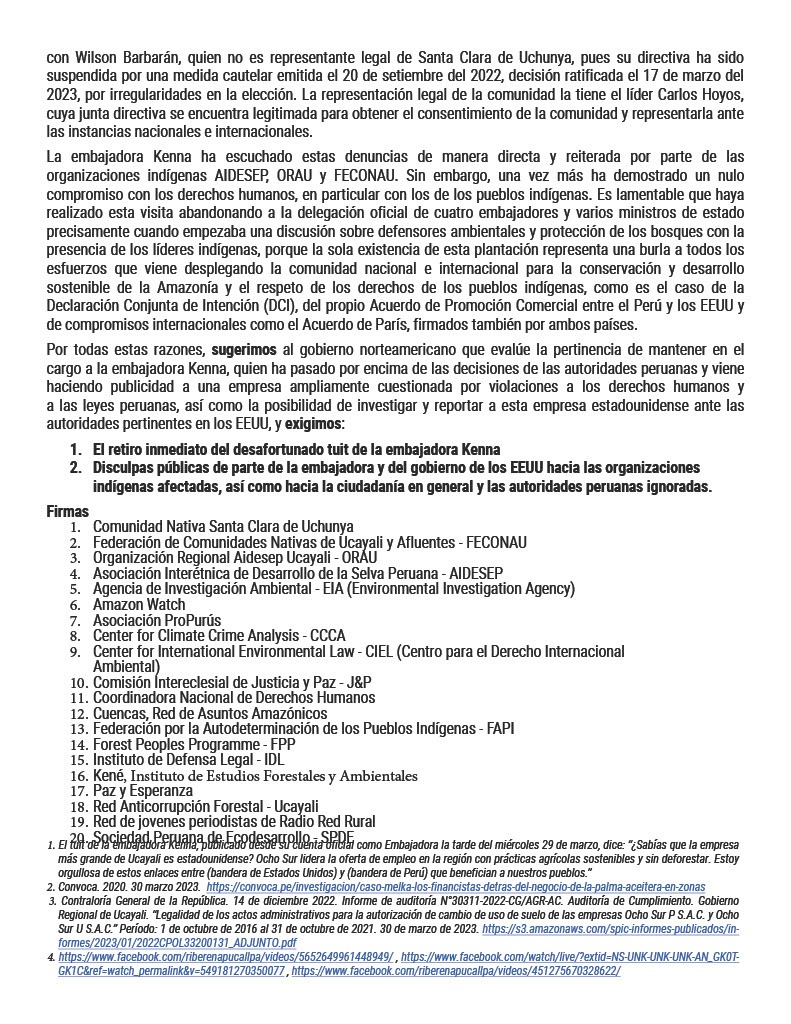 feconau1's tweet photo. #NOchosur

Desde nuestra federación junto a nuestra organización regional ORAU, la nacional AIDESEP y la sociedad civil organizado nos pronunciamos y lamentamos las declaraciones  vertidas por la embajadora de Estados Unidos.

Leer el pronunciamiento aquí👇 https://t.co/jhwGWTbSDv