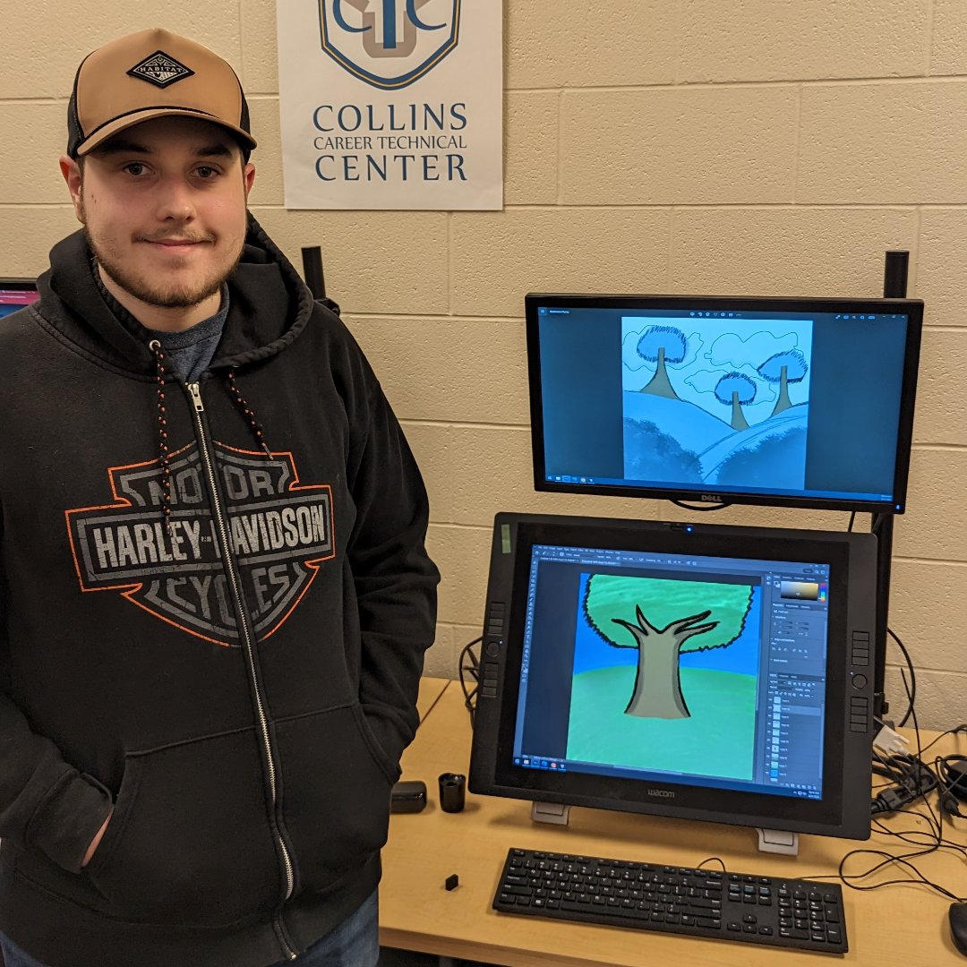 CollinsCTC's tweet photo. The Graphic Design students are putting their final touches on some of the artwork they'll be submitting to an upcoming competiton. As you can see, there's a lot of talent in that classroom. #CCTCtech #CCTCworks https://t.co/EiQKkgCV4h