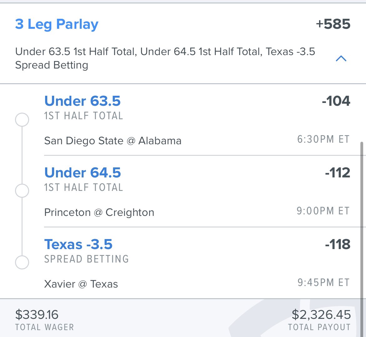 belichicksdigit's tweet photo. Alabama / SDSU 1st Half Under 63.5
Princeton / Creighton 1st Half Under 64.5
Texas Longhorns -3.5

3-game parlay!

$339.16 to win $2326.45

#sportsbettingpicks #nba   #Philadelphia76ers #DenverNuggets #win #sportsbet #gambling #itsalock https://t.co/SxWojBwLiI
