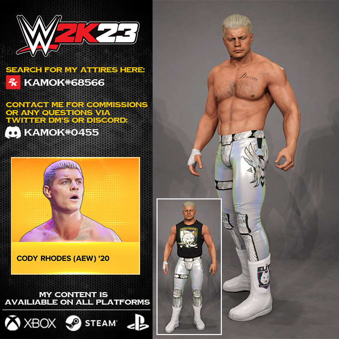 KamCAWs's tweet photo. Attire requested by @MrAwesomeNelso1 
 Cody Rhodes (AEW 2020, Steel Cage Match against Wardlow) @CodyRhodes Uploaded to #WWE2K23 Community Creations.

• Search the Hashtags (#): CodyRhodes / Cody / AEW

• Also Includes: Entrance Attire

#WWE2K23 #WWE @WWEgames https://t.co/AxYIRJxtbe