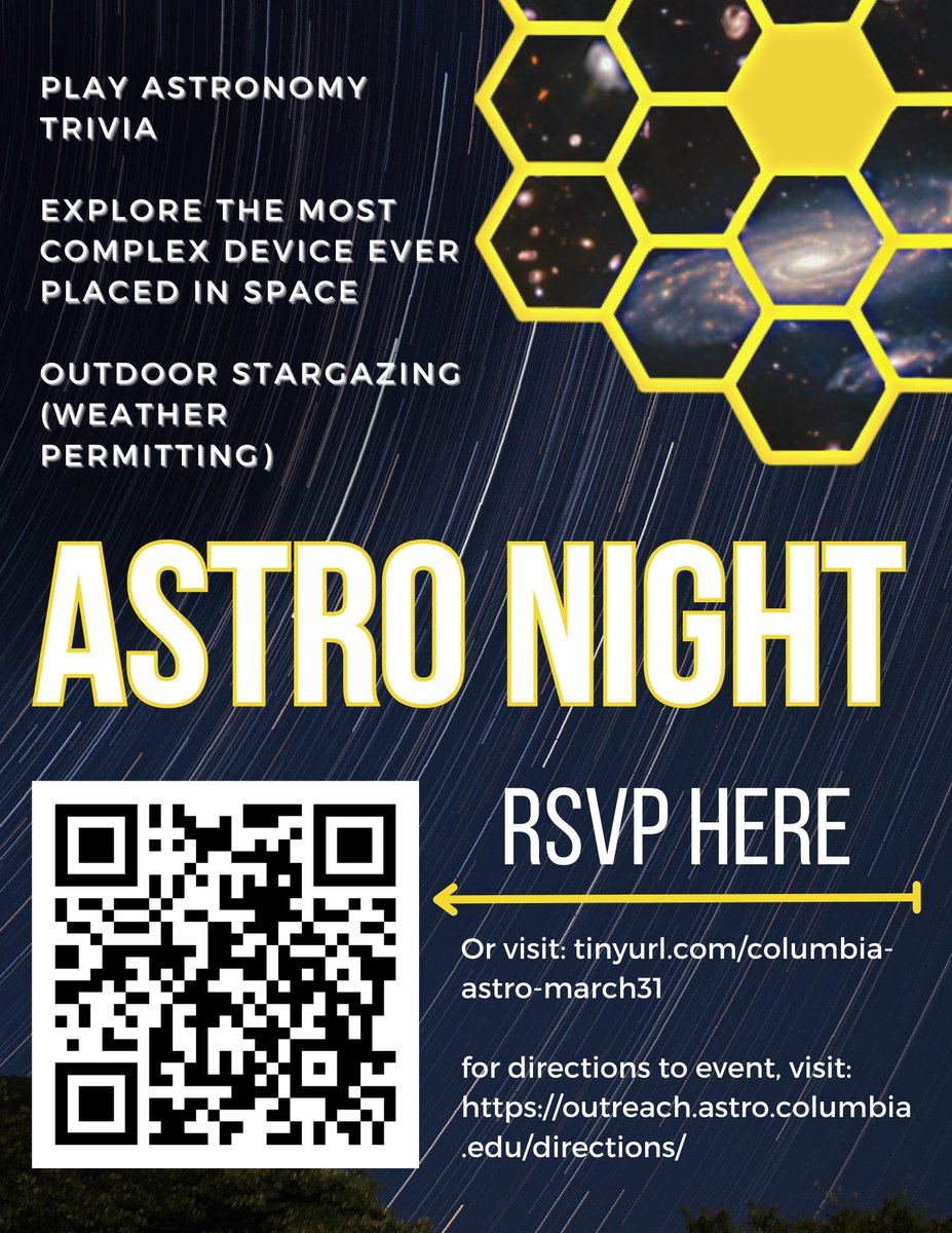 We're back from Spring Break, which means we're back with more public astronomy!! Come by Pupin Hall on Friday, March 31, to hear Prof. David Helfand describe the remarkable vision of JWST -- see the attached flyers for more info (and RSVP at tinyurl.com/columbia-astro…) 🔭🛰️🌟