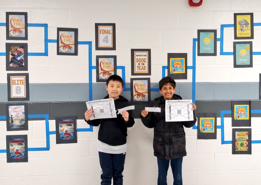 MrsZubarevLMC's tweet photo. The Book Bracket Challenge finished today and "Wings of Fire" won Webster's Book of the Year!!! 🔥🐉📚 Two students had perfect brackets and won gift cards to our next book fair! Congrats!  #WebsterLMC #WebsterWildcats🐾 #LivoniaPride https://t.co/Obmnc5Mysr
