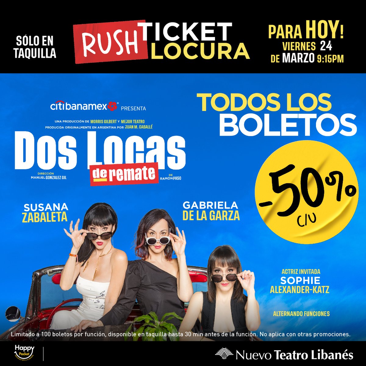 mejorteatro's tweet photo. ¡Aprovecha esta promoción y acompáñanos hoy en el Nuevo Teatro Libanés para celebrar juntos las 100 locas representaciones de @DosLocasMex! ¡Te esperamos!
⭐️ 100 Representaciones
🔥 #RushTicket
🚨 Solo en taquilla
✅ Boletos con -50% https://t.co/d0dbgbGH5E
