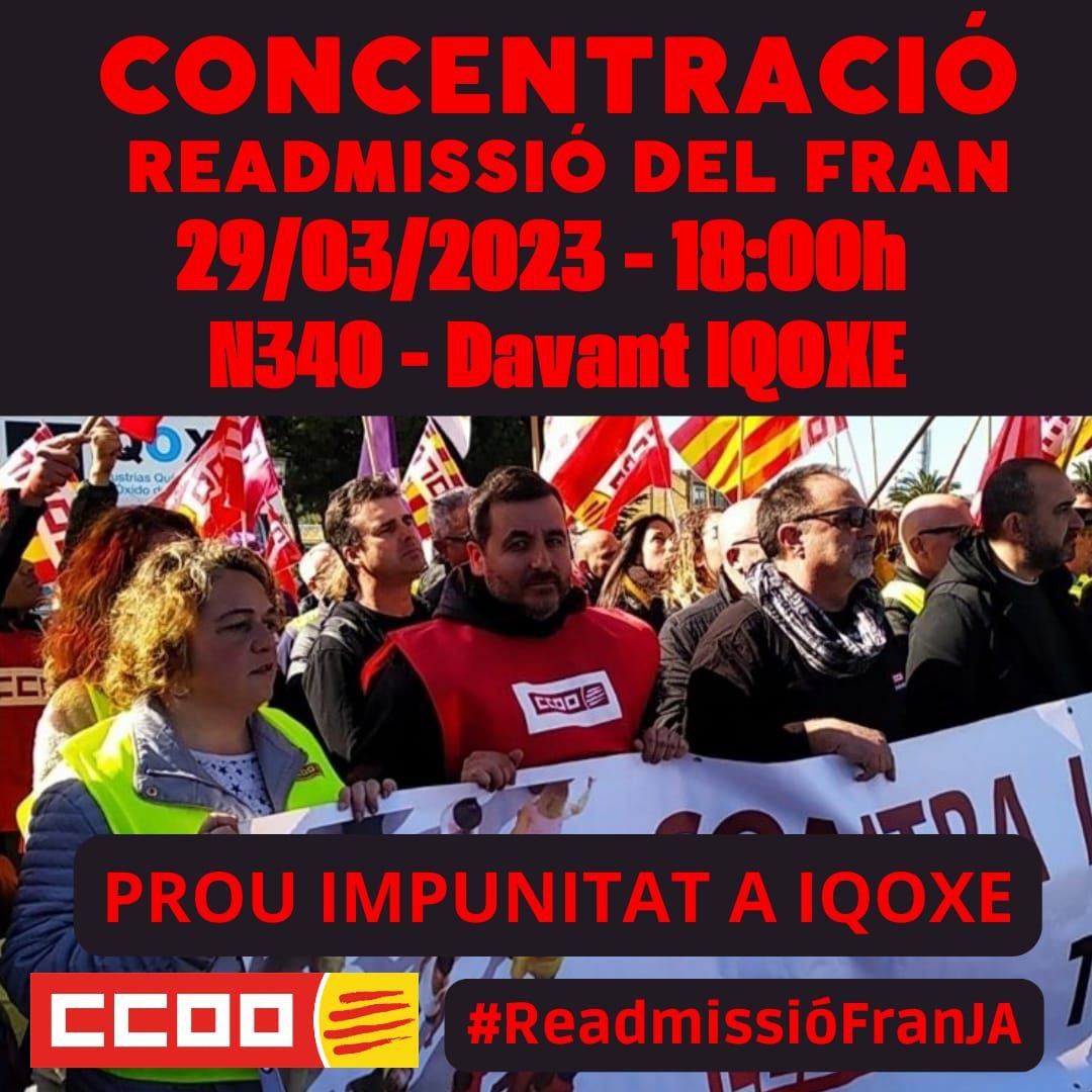 podemosesplu's tweet photo. És inacceptable que IQOXE acomiadi @franpi73 , delegat sindical de @CCOO
 i exemple de lluita pels drets dels treballadors.

Ens sumem a la concentració que de @FICCOOCat
 i exigim complir amb la seguretat i les condicions laborals de tota la plantilla. https://t.co/Vq5GtseWKd