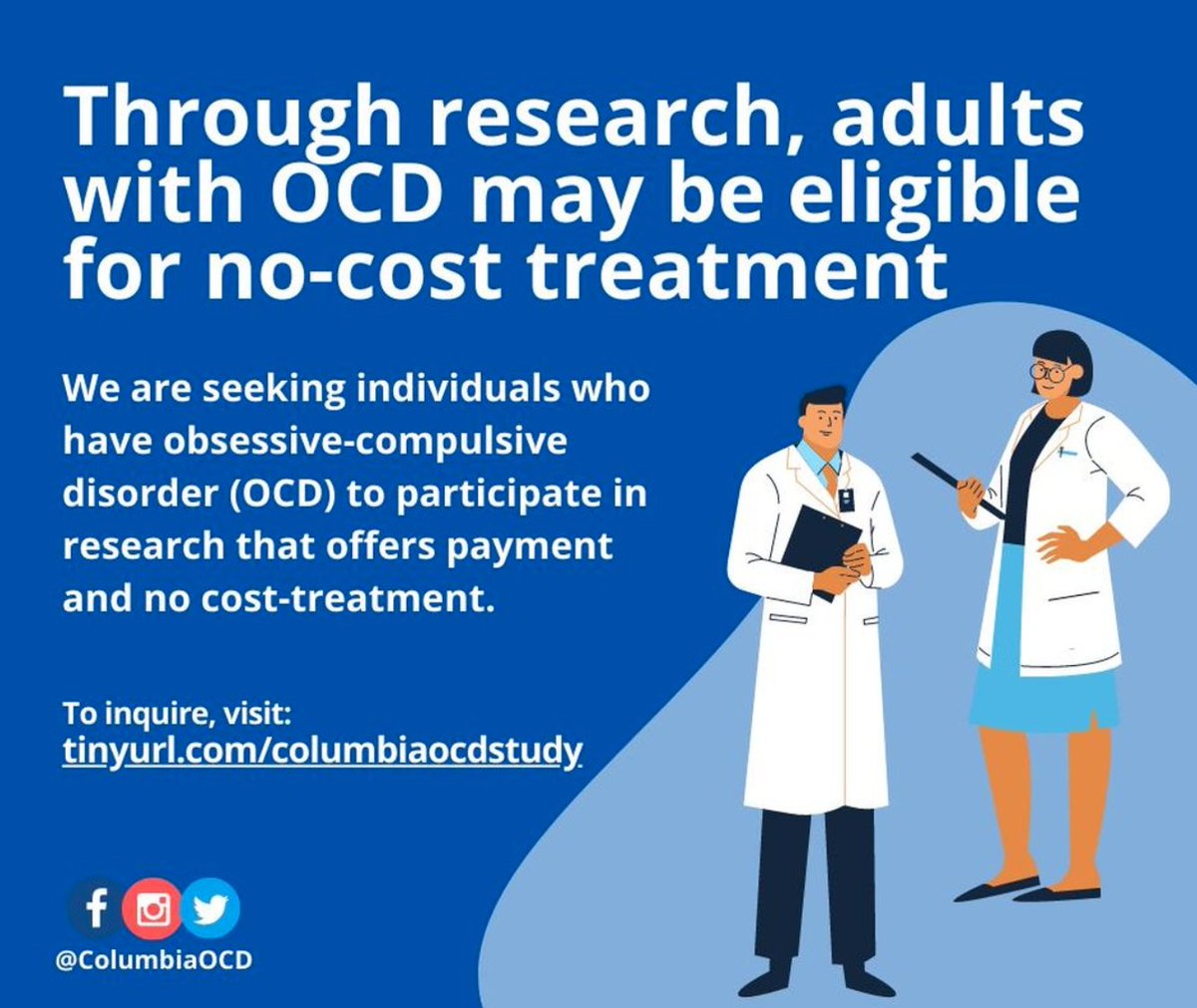 The center for OCD and Related Disorders is looking to recruit males with OCD to participate in a paid research study. Click the link in our bio to fill out a brief survey and get involved!

#ocd #ocdawareness #mentalhealth #columbia #nyspi
#ocdart #research #psychiatry