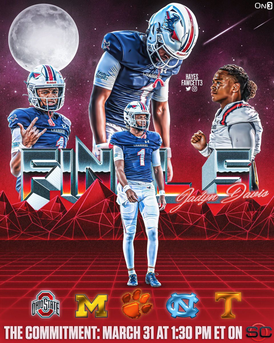 iamjadyndavis's tweet image. Since a kid, I’ve dreamt of this moment…now it’s in God’s hands🙏🏽…

Who will it be?

I will be committing live on March 31st at 1:30PM on SportsCenter.