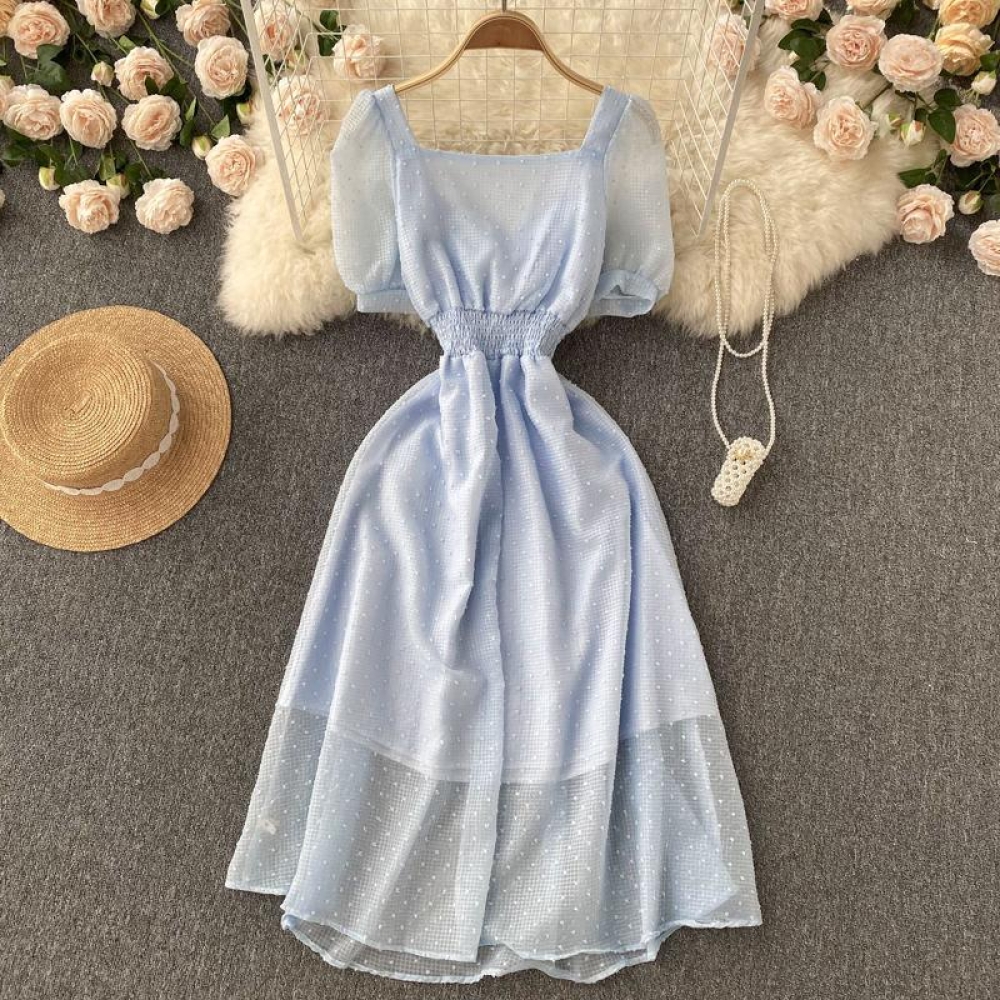 Elegant Square Neck Beading French Style Dress #fashion #fashioninspiration #yellowsummerdress #summerdressinwinter